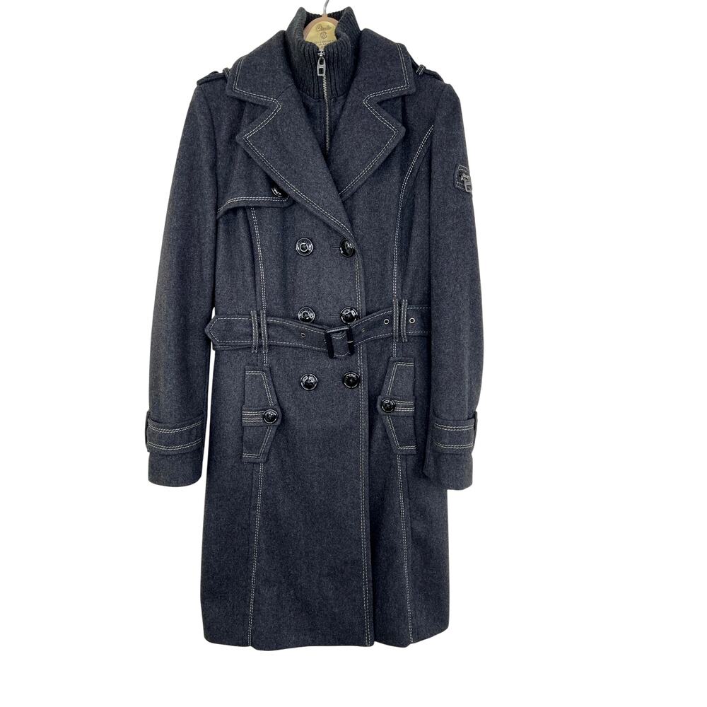 Miss Sixty Wool Trench M Women Charcoal Gray Belted Pockets Double Breasted Pea